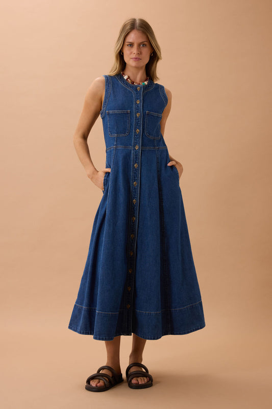 Ceres Hazel Sleeveless Midi Shirt Dress - caspian blue
