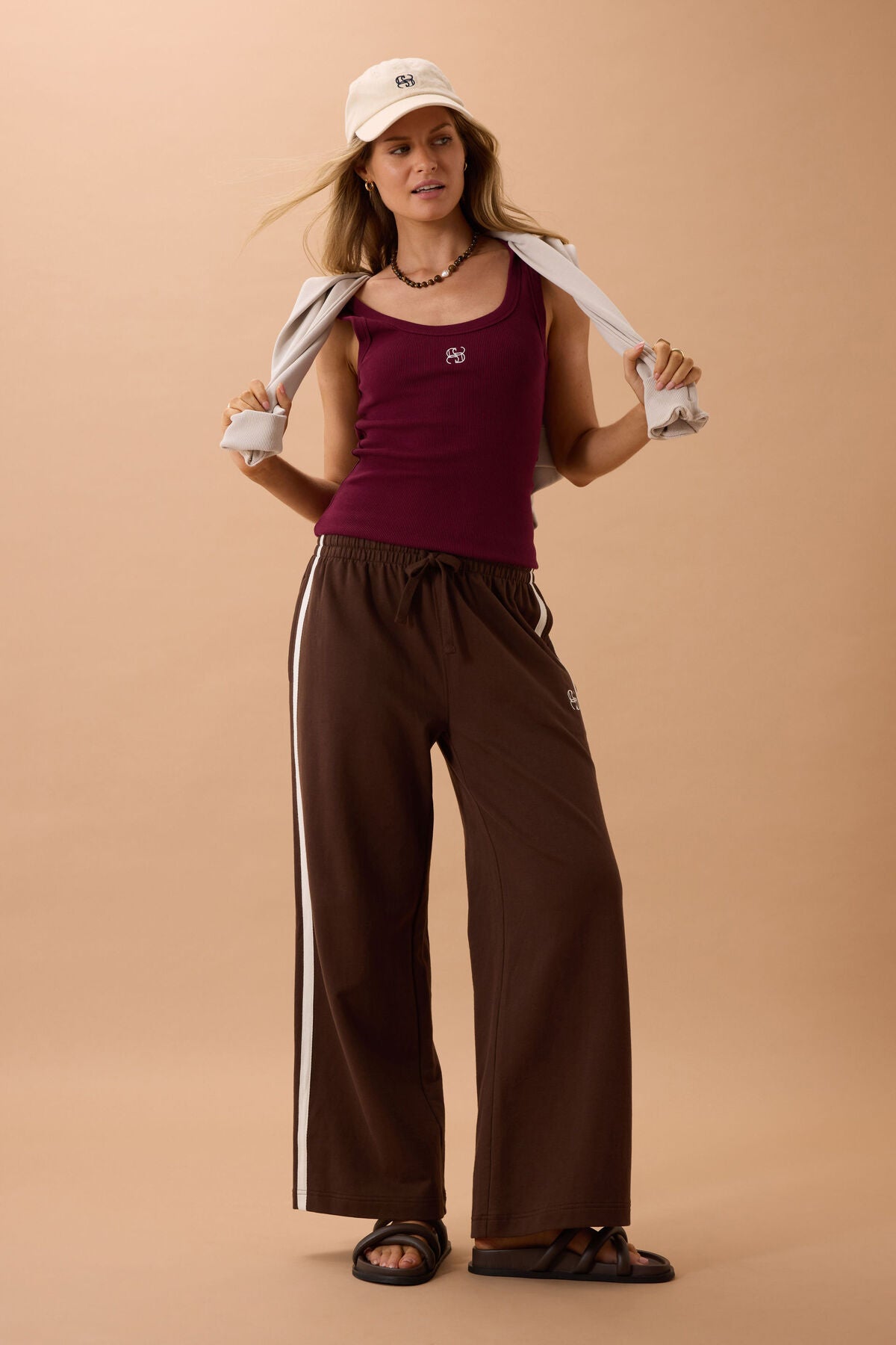 Ceres Gigi Wide Leg Track pant - chocolate side stripe