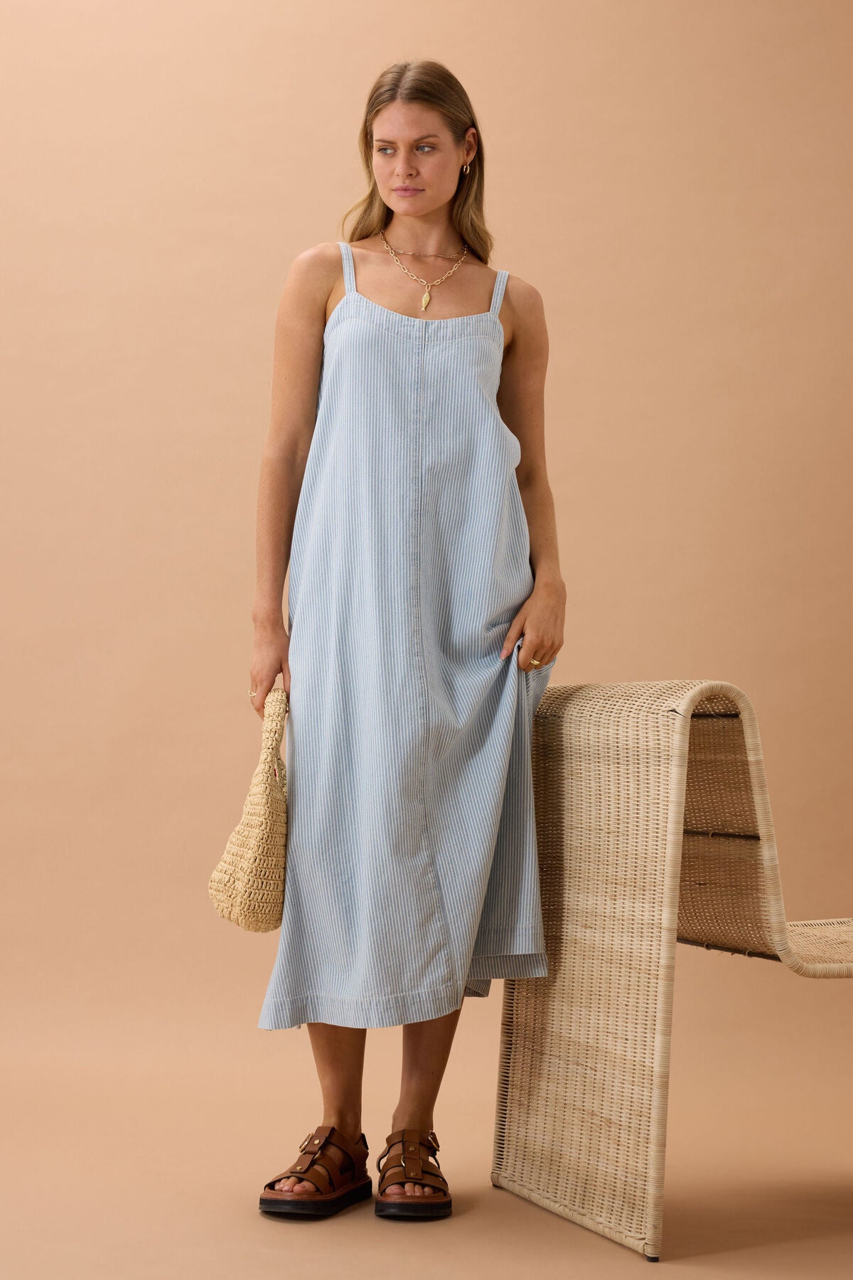 Ceres Remy Strappy Midi Dress - indigo white stripe