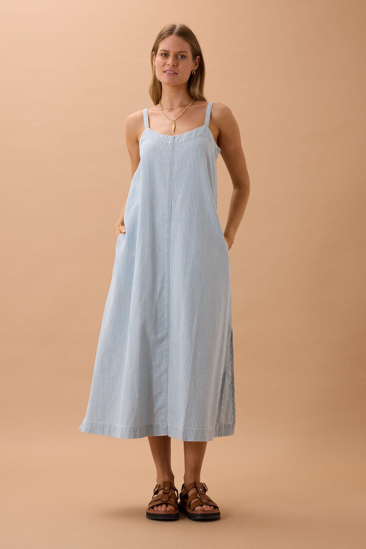 Ceres Remy Strappy Midi Dress - indigo white stripe