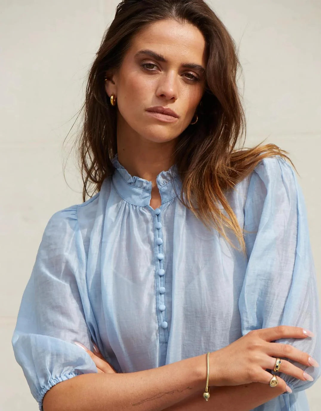 Ivy + Jack Closure Sheer High Neck Buttoned S/S Top - pale blue