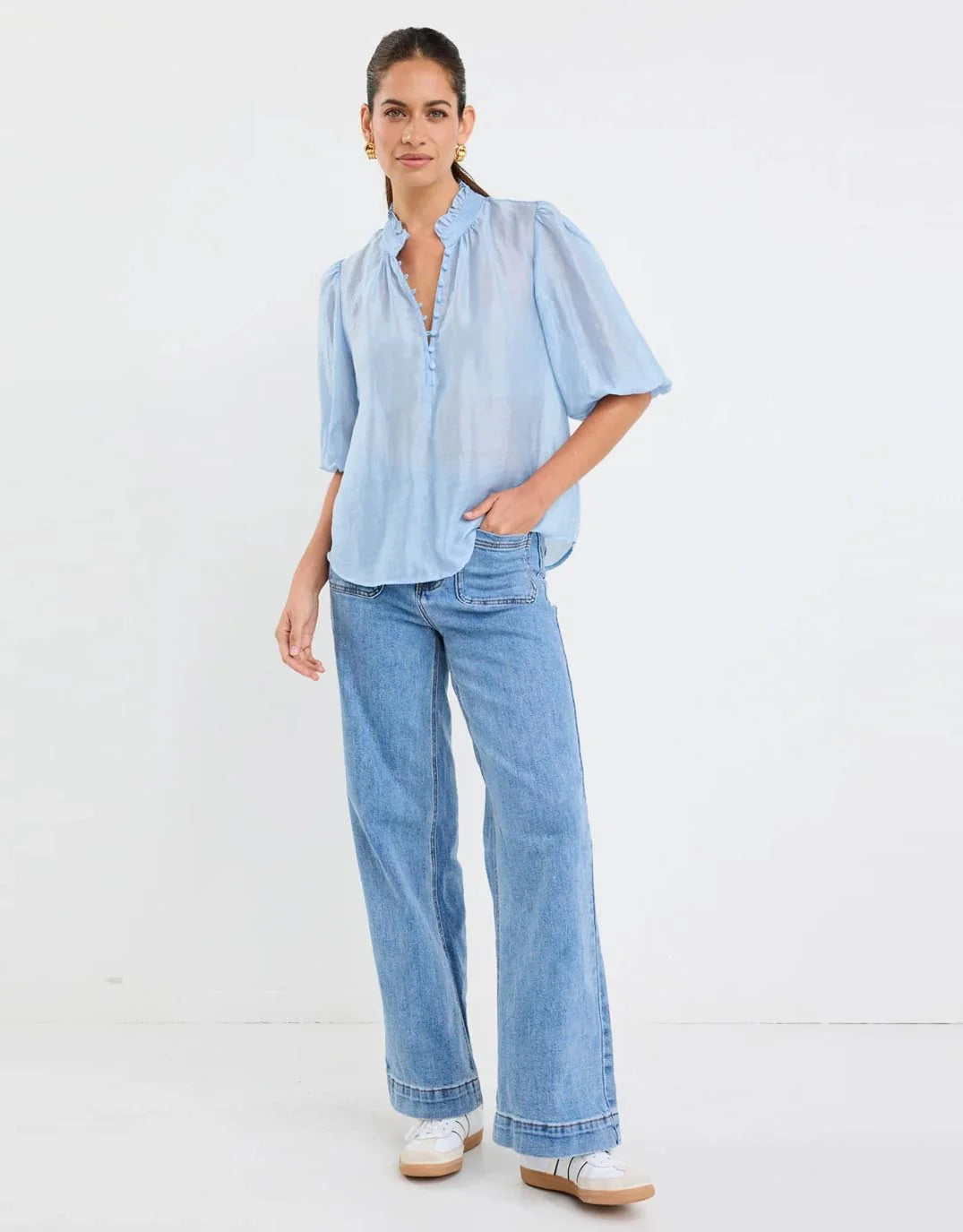 Ivy + Jack Closure Sheer High Neck Buttoned S/S Top - pale blue