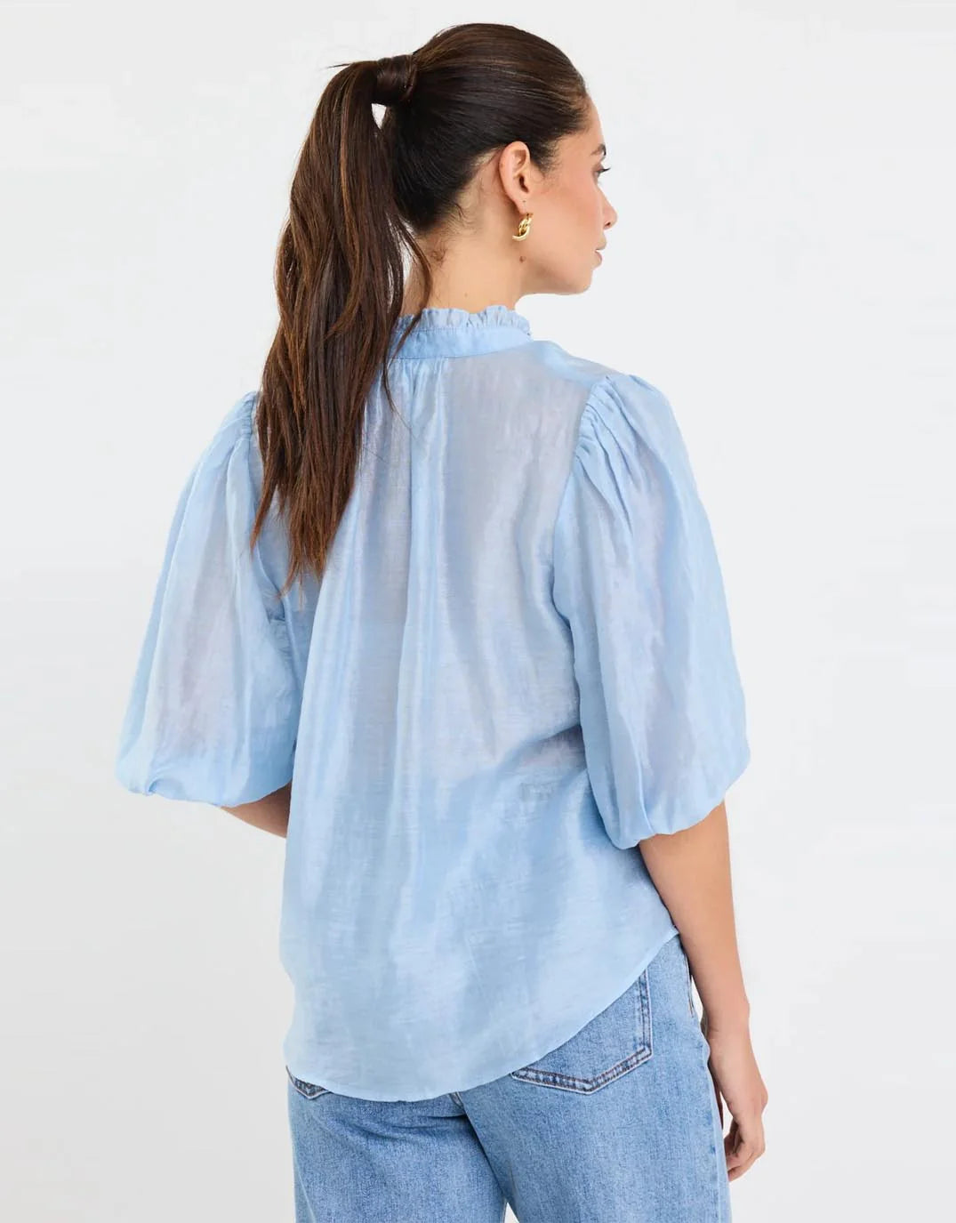 Ivy + Jack Closure Sheer High Neck Buttoned S/S Top - pale blue