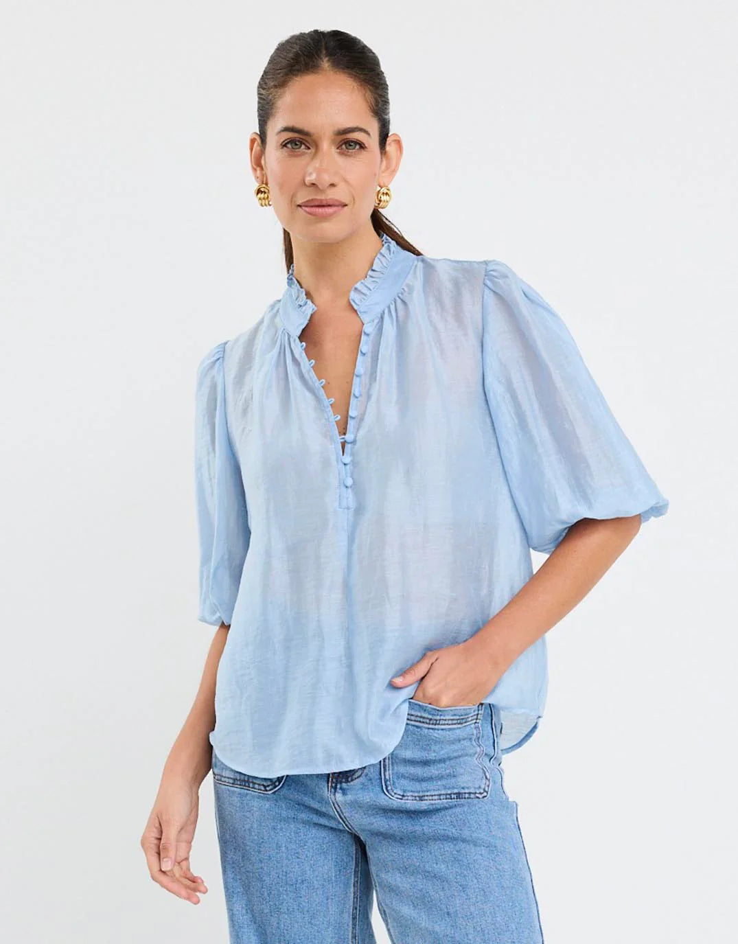 Ivy + Jack Closure Sheer High Neck Buttoned S/S Top - pale blue