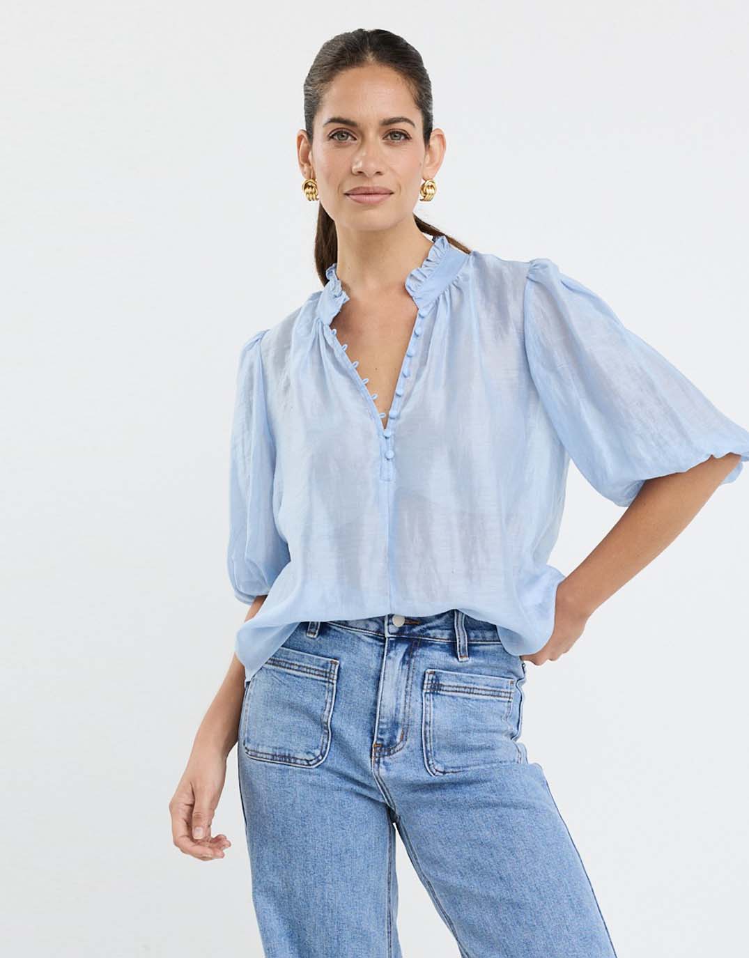 Ivy + Jack Closure Sheer High Neck Buttoned S/S Top - pale blue