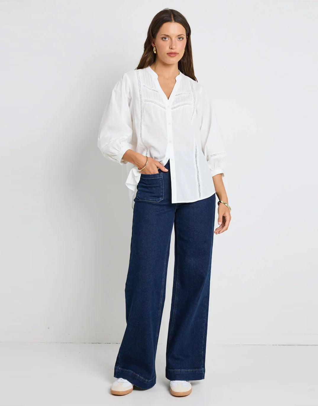 Ivy + Jack Ornamental Lace Insert Pintuck Shirt - white