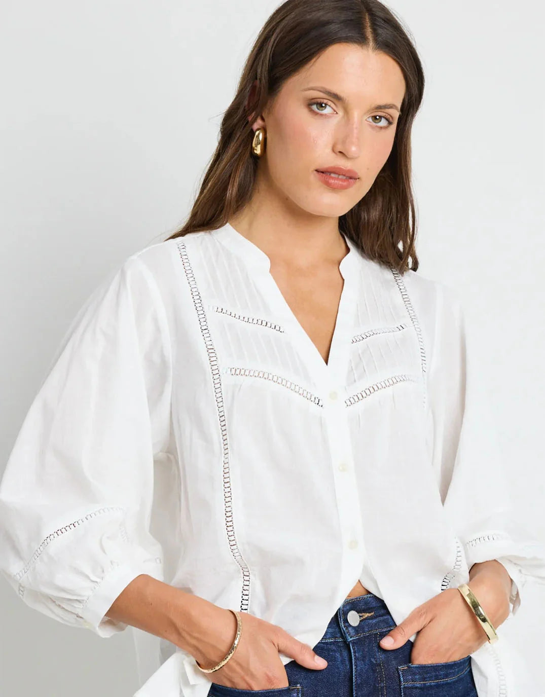 Ivy + Jack Ornamental Lace Insert Pintuck Shirt - white