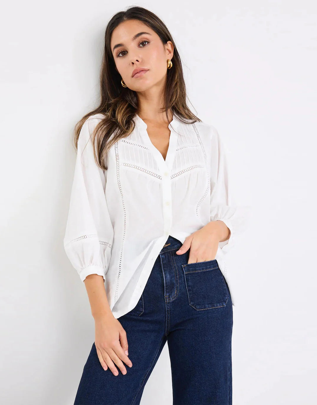 Ivy + Jack Ornamental Lace Insert Pintuck Shirt - white