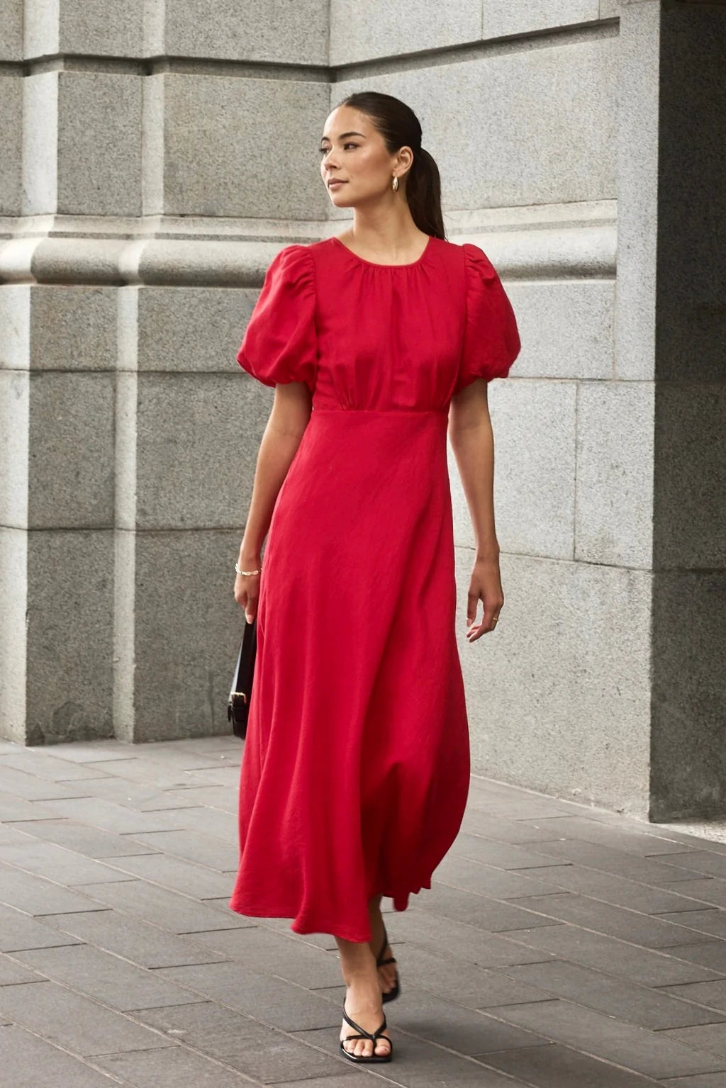 stories be told - Stage Puff Sleeve Floaty Maxi Dress - cherry