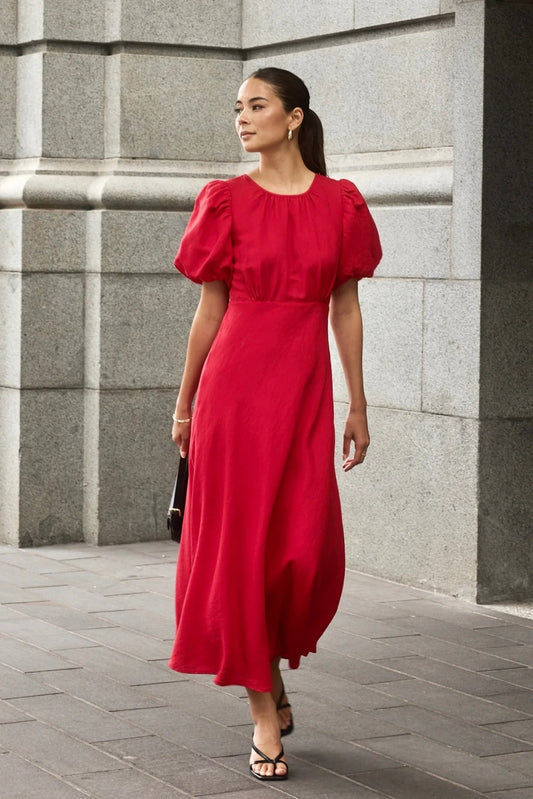 stories be told - Stage Puff Sleeve Floaty Maxi Dress - cherry