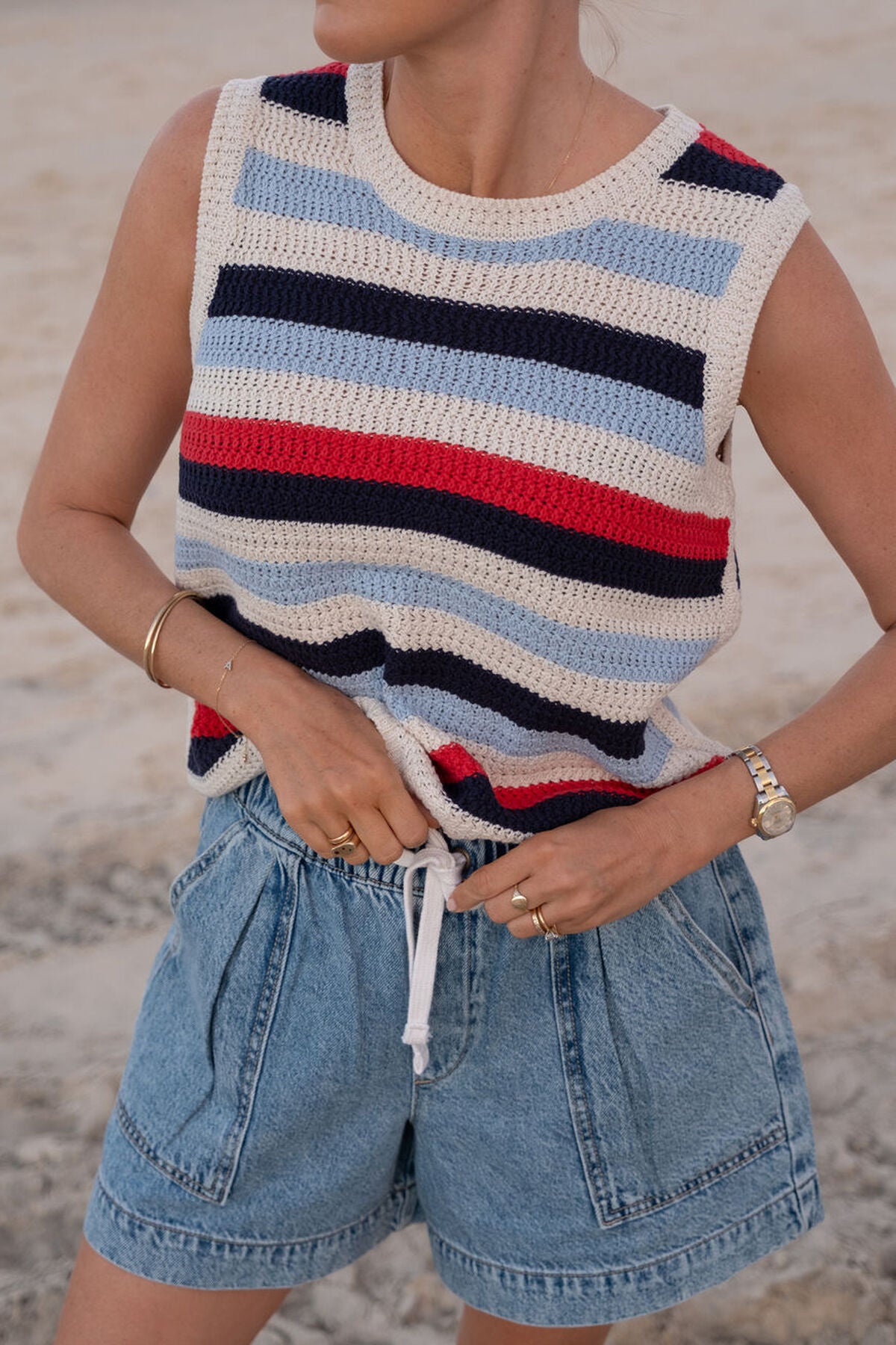 Ceres Textured Multi Stripe Knit Tank - heritage red stripe