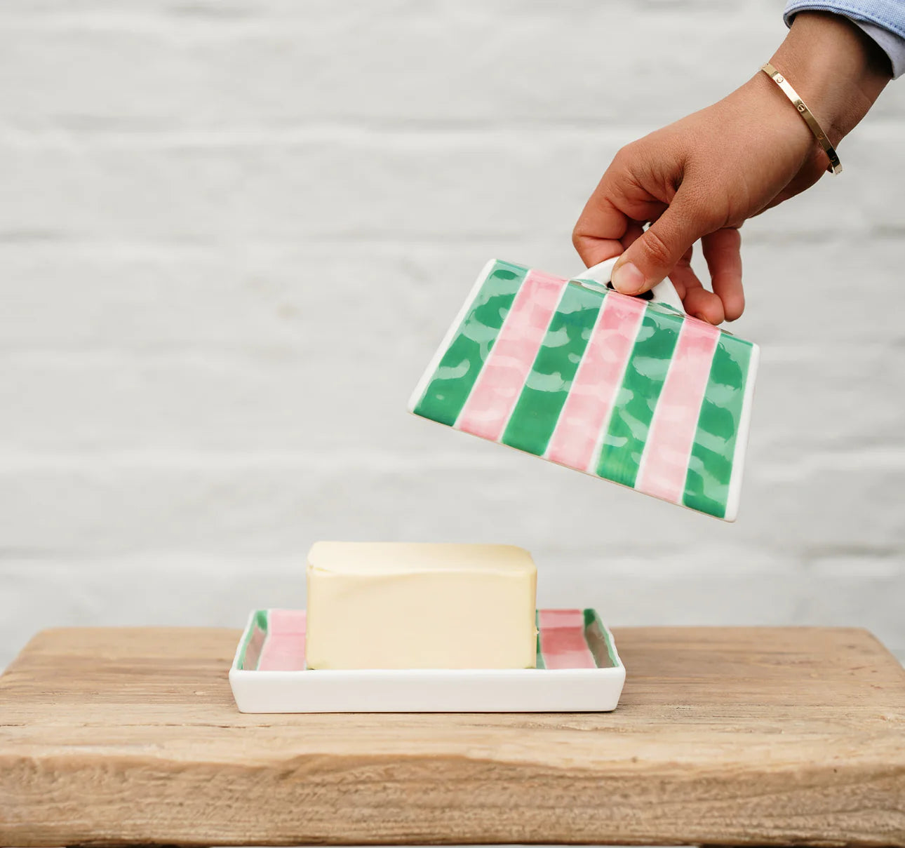 Noss & Co Butter Dish - green and pink stripe