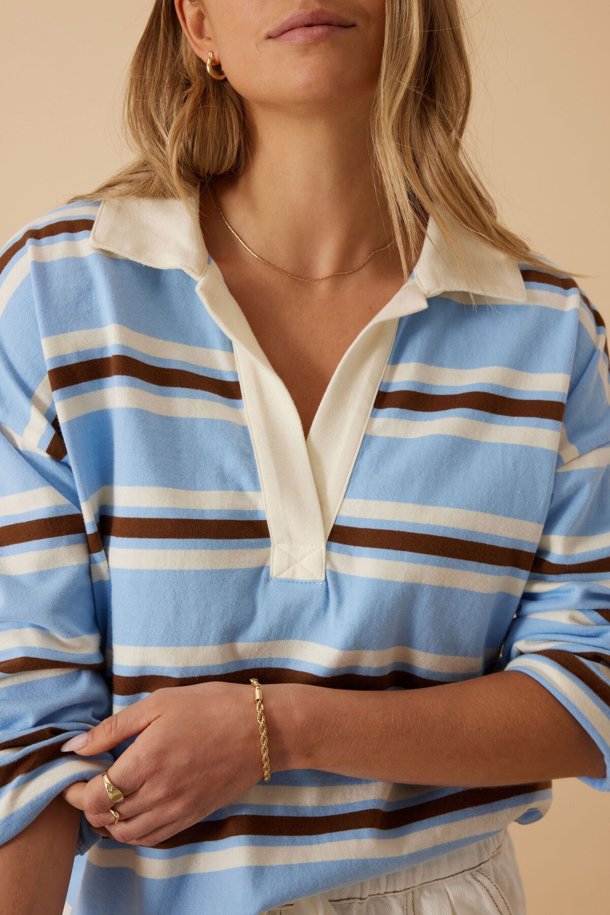 Ceres Shelbey Rugby Top - powder blue/toffee stripe