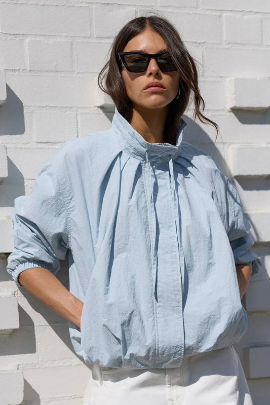 Stories Be Told Elements Drawstring Funnel Neck Bomber Jacket - ice blue
