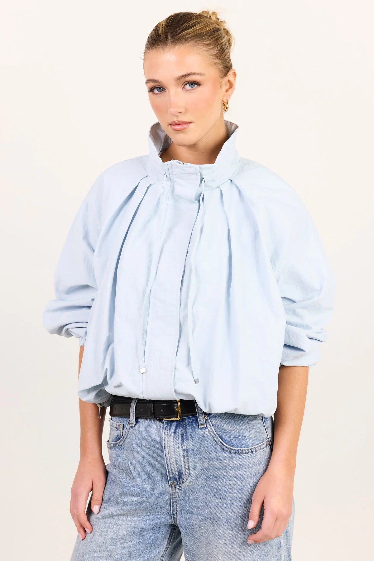 Stories Be Told Elements Drawstring Funnel Neck Bomber Jacket - ice blue