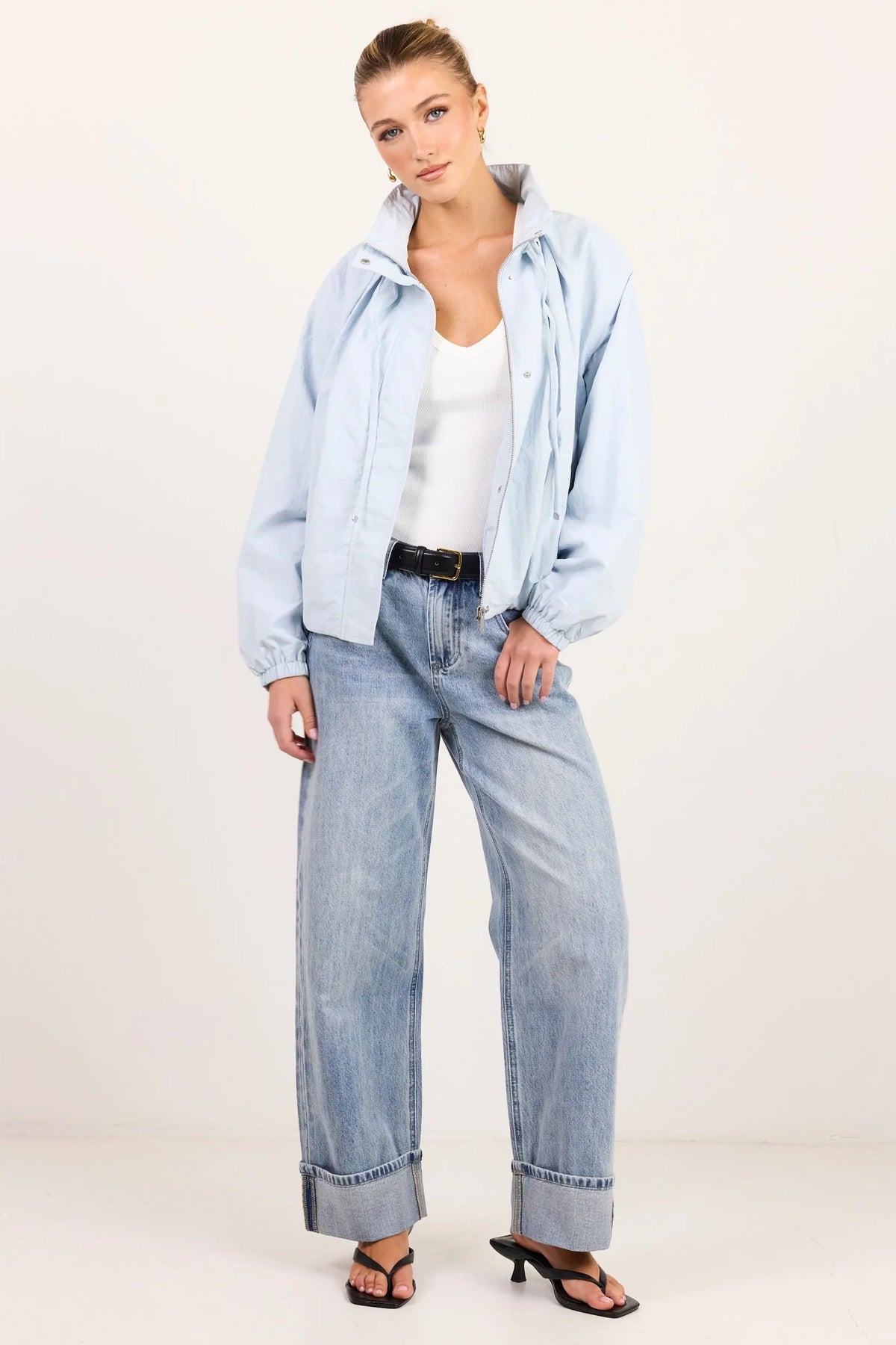 Stories Be Told Elements Drawstring Funnel Neck Bomber Jacket - ice blue