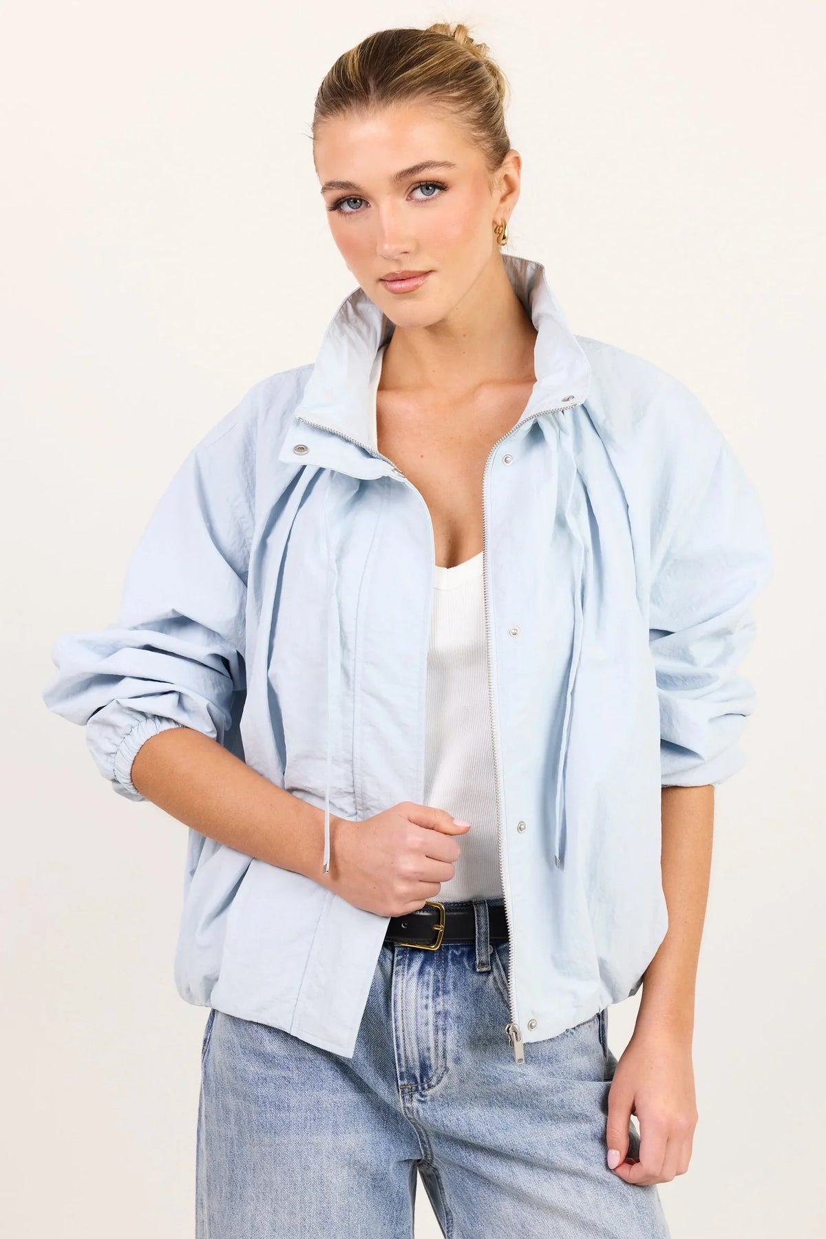 Stories Be Told Elements Drawstring Funnel Neck Bomber Jacket - ice blue