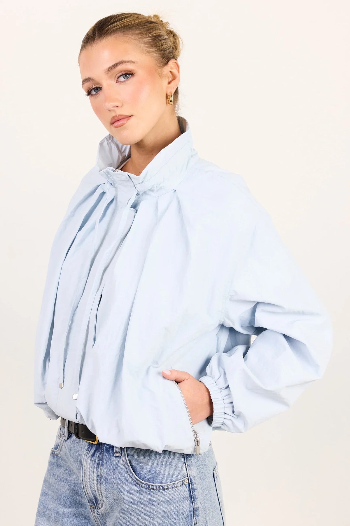 Stories Be Told Elements Drawstring Funnel Neck Bomber Jacket - ice blue