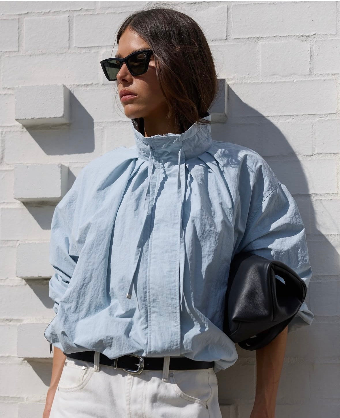 Stories Be Told Elements Drawstring Funnel Neck Bomber Jacket - ice blue