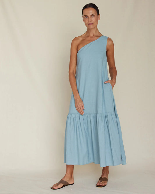 Amelius Aruba Linen One Shoulder Dress Duckegg Blue